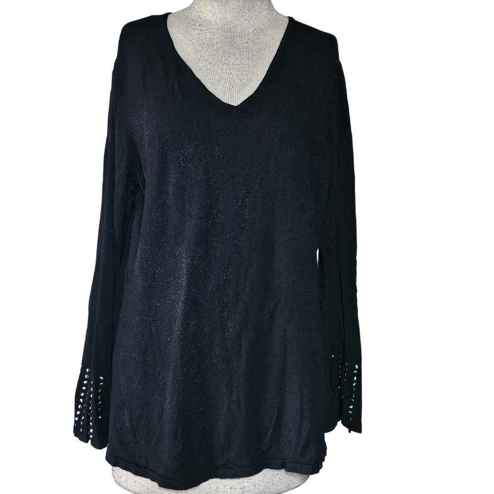 JM Collection Black V Neck Knit Long Sleeve Top Size Large